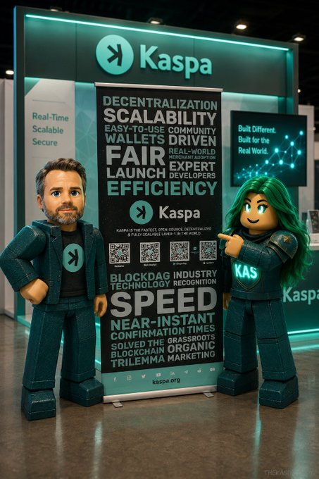 Two stylized figures stand in front of a banner for "Kaspa," highlighting its features like decentralization, scalability, and speed, which relates to the post thanking @Kaspa_Commons for their branding work.
