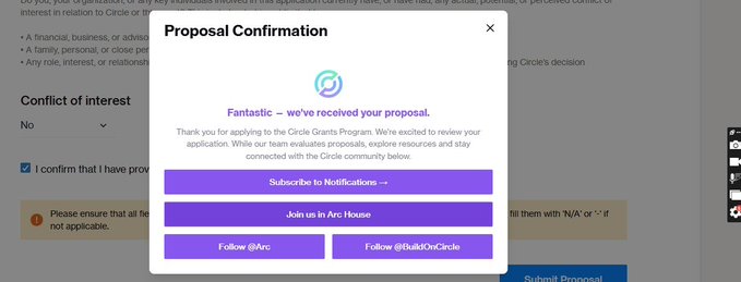 Arc browser pop-up confirming receipt of a Circle Grants Program proposal, with buttons to subscribe, join Arc House, and follow @Arc and @BuildOnCircle on social media.