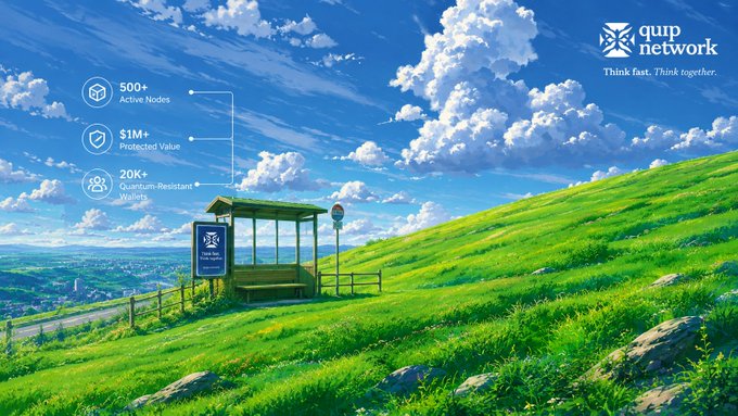 An anime-style landscape illustration depicts a grassy hill and bus stop overlooking a town, featuring 'quip network' text with statistics like '500+ Active Nodes', '$1M+ Protected Value', and '20K+ Quantum-Resistant Wallets'.