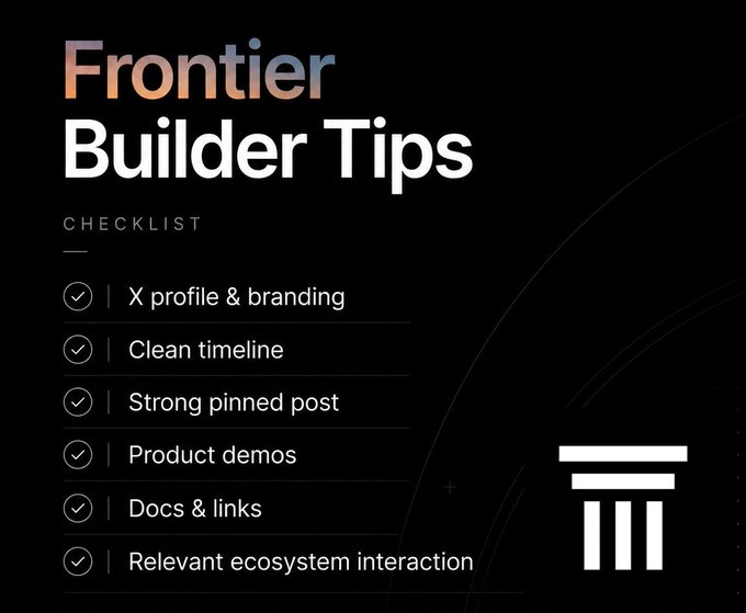 The image shows a list of tips for builders, which includes steps such as taking a screenshot of their submission, checking the judges' reviews, and making sure they have a strong presence on social media platforms like Medium or LinkedIn. The tips are organized in bullet points, providing guidance for participants to follow while working on their projects.