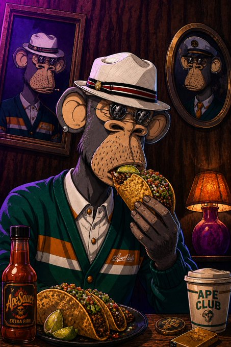Stylized illustration of an anthropomorphic ape wearing a fedora, sunglasses, and a green cardigan, with a plate of tacos, an "ApeSauce" hot sauce bottle, and an "APE CLUB" cup on the table, with two portraits of apes in the background.
