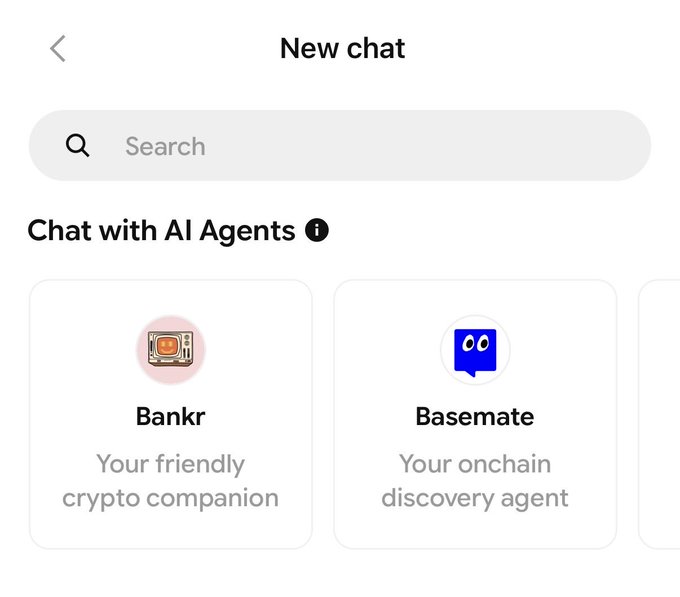 The image shows a phone screen with various settings for chat, such as chatting with AI agents or choosing between different chat options like banker or Basemate. The options appear based on the information displayed in the message box above the chat interface, likely providing the user with choices of which AI agent to use for their conversation or what type of discussion they prefer.