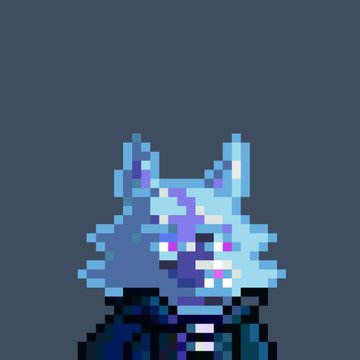 A pixel art illustration depicts a white wolf-like creature with blue and purple accents wearing a dark suit jacket.