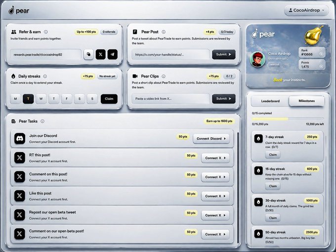 The image displays the Pear Points rewards dashboard for user "CocoAirdrop" (Rank #10666, 1,475 points), featuring various point-earning activities including a referral system (up to +100 pts), Pear Post submissions (+4 pts each), daily streak claims (+75 pts), and Pear Clips (+75 pts). On the right side, milestone rewards are listed for streaks ranging from 7-day (250 pts) to 50-day (2500 pts), alongside Pear Tasks offering 50 pts each for actions like connecting Discord/X, commenting on posts, liking, and tweeting about the project. The dashboard visually supports the airdrop event described in the post, showing the structured point-gathering system used to qualify participants for rewards.