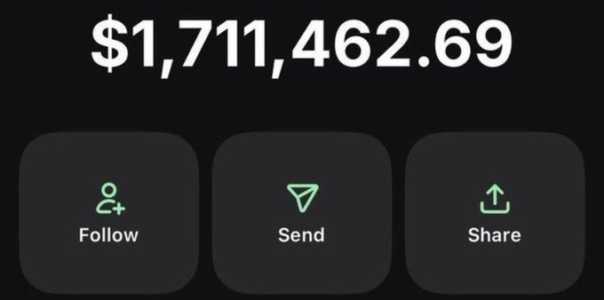 A screenshot displays a portfolio balance of $1,711,462.69 on what appears to be a digital wallet app, featuring "Follow," "Send," and "Share" buttons. The image is presented as proof of successful meme coin trading to attract followers in a Telegram crypto alpha group promoting SOL-based gains.