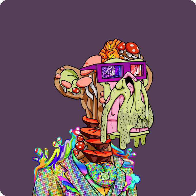 A surreal illustration of a humanoid figure with a melting, slime-covered face, purple 3D glasses, and a body covered in a colorful, patterned suit, with mushrooms and coral growing from the head.