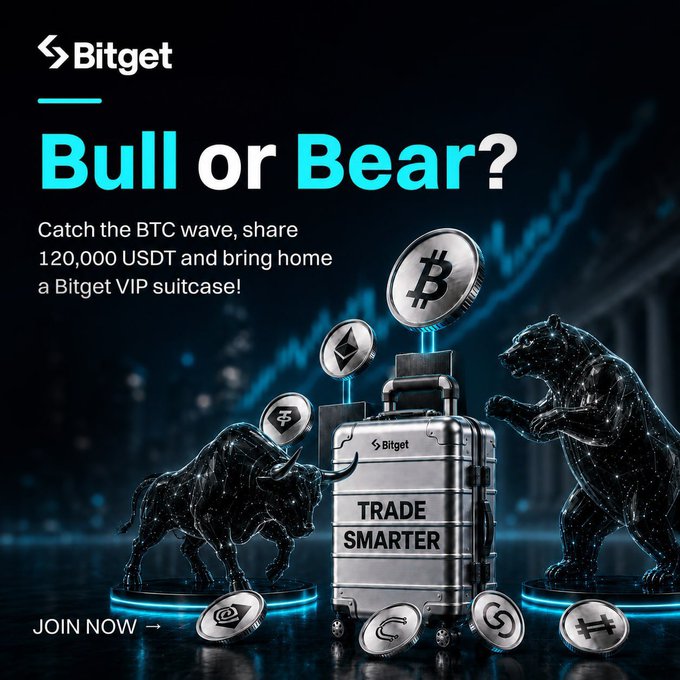 A Bitget cryptocurrency exchange advertisement with the headline 'Bull or Bear?' featuring a Bitcoin-themed suitcase, bull and bear statues, and a promotion to win 120,000 USDT and a Bitget VIP suitcase.