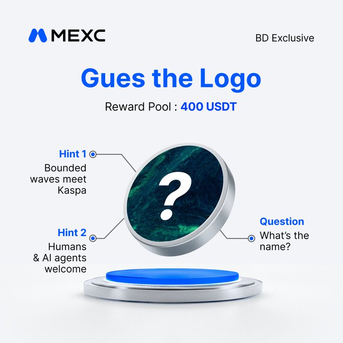 The image features a blue and silver coin with a question mark on it, placed on top of a white surface. The text "Guess the Logo" is displayed above the coin, along with the hashtag "#MEXC_BD". Below this, there are three lines of text providing information about the giveaway: "Guess the Logo", "Reward Pool", and "Complete the challenge to win!".