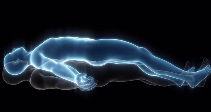 An ethereal blue human silhouette floats with a darker, shadowy figure beneath it, visually representing the relief felt after Bitcoin's positive reaction to support, as described in the post.