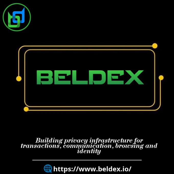 The image shows the Beldex logo with the tagline "Building privacy infrastructure for transactions, communication, browsing and identity" and the website https://www.beldex.io/. The graphic complements the post by visually representing Beldex's privacy-focused ecosystem, which includes BChat, BelNet, Beldex Browser, and BNS—tools designed to ensure confidentiality across Web3 activities.