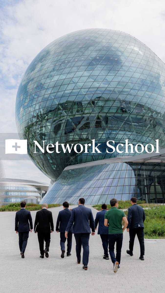 A group of people in business attire walk toward a large, modern glass-domed building, with the logo and text "Network School" overlaid in the center.