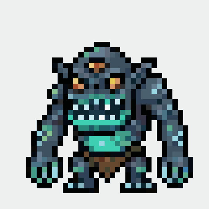 A pixel art sprite of a large, dark blue monster with glowing yellow eyes, sharp teeth, and a glowing cyan mouth/loincloth.