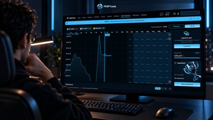A person in a dark room viewing 'PERPFTools' and 'HyperDash' trading dashboards with charts and financial data on a large monitor.