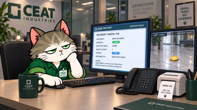 An illustration of a tired-looking cat in a green 'CEAT INDUSTRIES' shirt sitting at an office desk, with a computer monitor displaying an 'INCIDENT #0004-118' ticket and various company signage in the background.