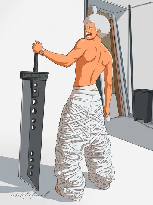 An anime-style illustration of a muscular character with white hair holding a massive sword known as the Buster Sword, wearing baggy white pants.