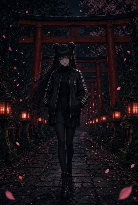 An anime-style illustration depicts a girl with twin buns wearing a black Adidas jacket and dress, walking down a stone path lined with red torii gates, lanterns, and falling cherry blossom petals.