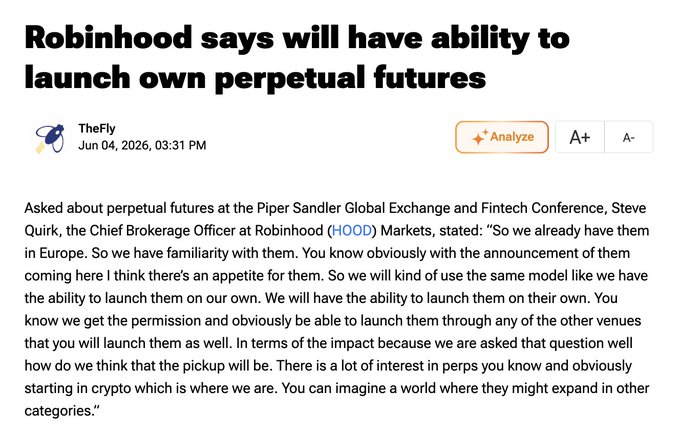 The image shows a screenshot of an article posted by Robinhood, which discusses the potential for future growth in the cryptocurrency market. The text indicates that Robinhood will launch its own perpetual futures once they have been approved by the U.S. Securities and Exchange Commission (SEC). This means that Robinhood will be able to trade cryptocurrencies on a larger scale than other exchanges currently available, providing users with more options for investing in digital assets.