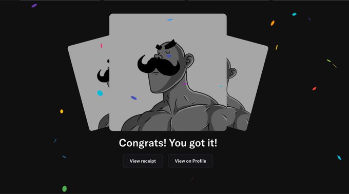 The image shows a celebratory screen displaying a cartoon character with a large mustache alongside the text "Congrats! You got it!" with buttons for "View receipt" and "View on Profile," surrounded by colorful confetti—indicating a successful mint in the $DHOOD airdrop that awards 40,000 $DHOODS per mint.