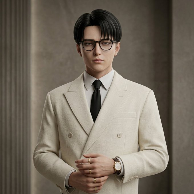 A portrait of a young East Asian man wearing glasses, a cream-colored double-breasted suit, white shirt, and black tie, posing with his hands clasped.