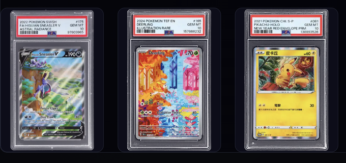 Three graded Pokémon cards in PSA slabs: Sneasler V #175, Gholdengo ex #169, and Pikachu #10.