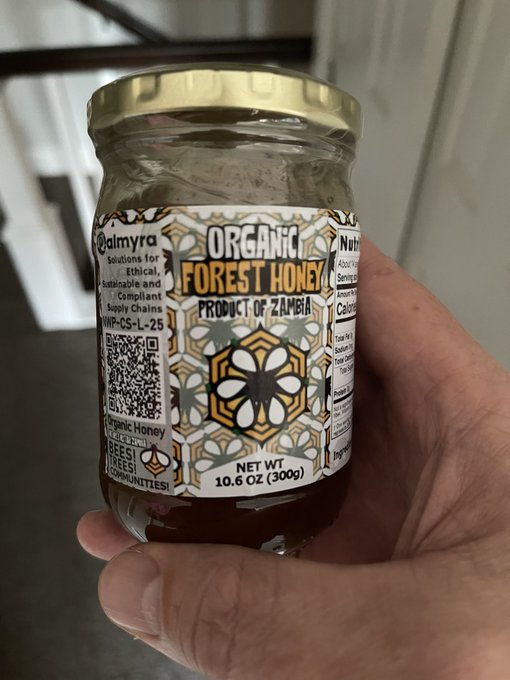 A hand holds a glass jar labeled 'Organic Forest Honey, Product of Zambia' by Almyra, weighing 10.6 oz (300g).
