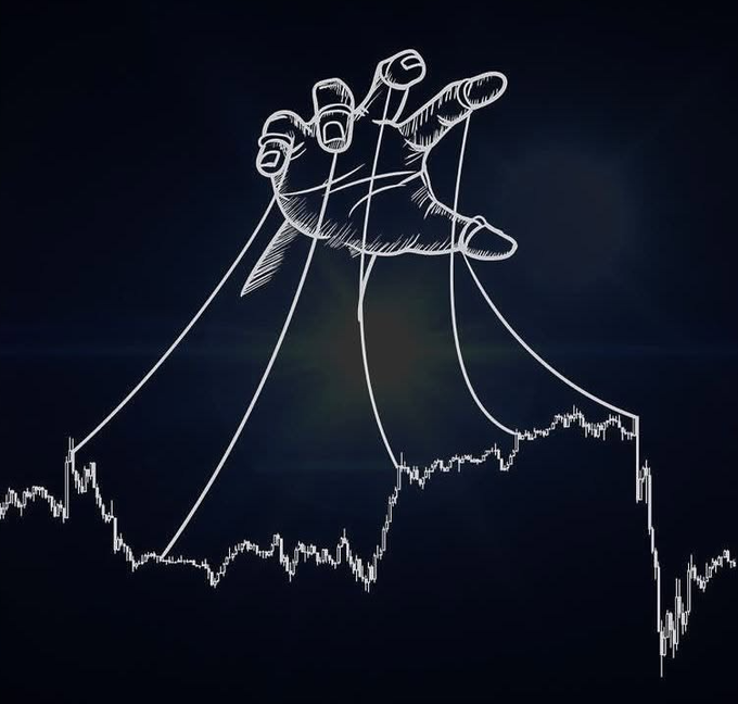 A surreal digital illustration features a sketched, disembodied hand with strings attached to its fingers, pulling the lines of a jagged stock market chart against a dark background.