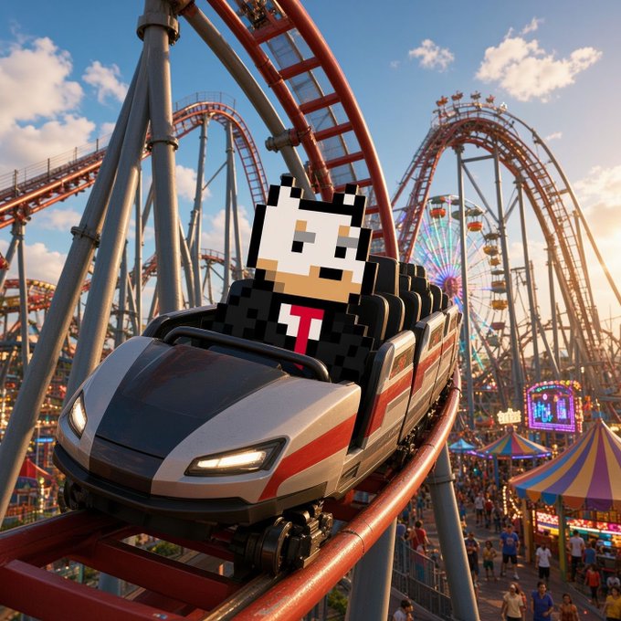 A roller coaster train with a pixel-art character sits on a red track in an amusement park, with a Ferris wheel and crowds visible in the background.