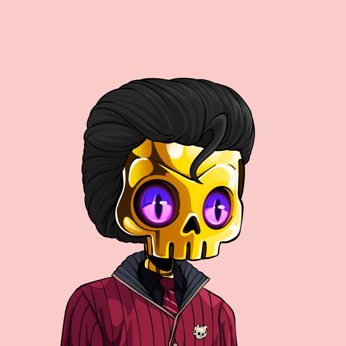 The image features a cartoon character with a gold skull face, wearing a red jacket and tie. The character has purple eyes and a purple nose, giving them a unique appearance. The caption reads "Gorgez GOLDs. HODL GODL. new ATH GOLD @DedGorgez is the alpha." This suggests that the image might be related to a post about the character or their achievements in some way.