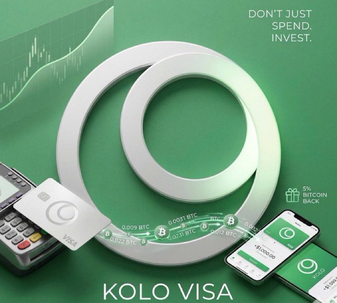 The image features a green background, which serves as the backdrop for an advertisement promoting Bitcoin. The advertisement includes two phones placed next to each other with the text "Kolo Visa" written above them. One phone has a Bitcoin wallet app on its screen, while the other displays a Bitcoin transaction. The advertisement also includes a white circle and a Bitcoin symbol, suggesting that the image is related to Bitcoin or cryptocurrency transactions.