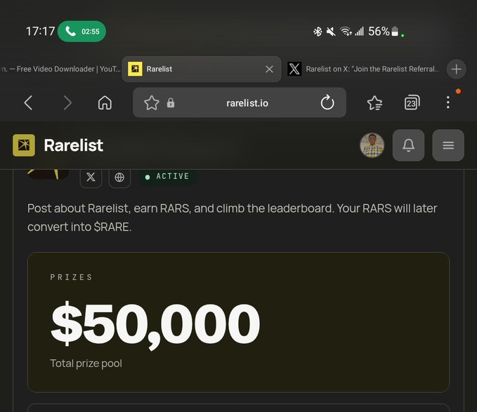 A mobile browser screenshot shows the Rarelist website at rarelist.io, including the text “Post about Rarelist, earn RARS, and climb the leaderboard” and a “$50,000” total prize pool.