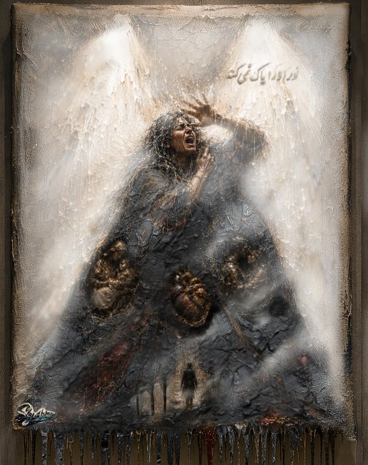 A dramatic painting showing a screaming figure emerging from a dark, textured mass beneath beams of light, with Arabic text in the upper right corner.
