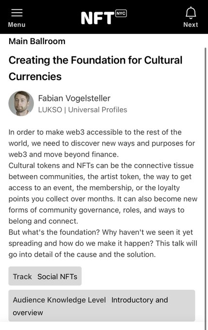 An NFT NYC event app screen showing a Main Ballroom talk titled 'Creating the Foundation for Cultural Currencies' by Fabian Vogelsteller of LUKSO | Universal Profiles.