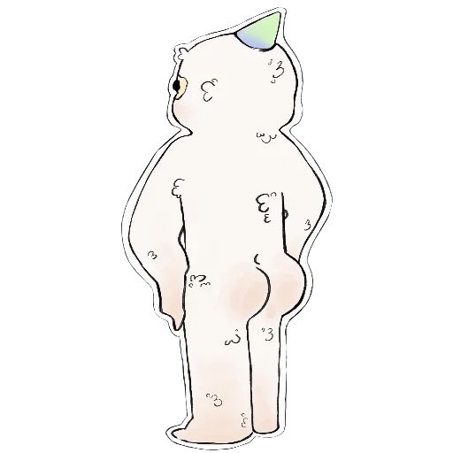 A cute illustration of a chubby, pale-colored cat character viewed from behind, standing upright with its tail tucked under and looking over its shoulder, featuring soft pastel coloring.