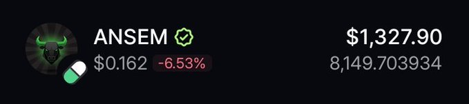 A crypto price ticker shows ANSEM trading at $0.162, down 6.53%, with a market cap of $1,327.90 and 8,149.70 tokens in circulation, providing context for the token being promoted in the post's community onboarding message.