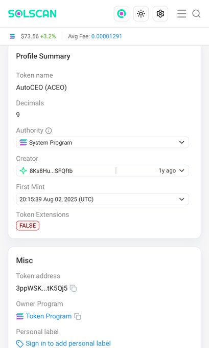 A Solscan profile summary page for the AutoCEO (ACEO) token priced at $73.56 (+3.2%), showing it was first minted at 20:15:39 on August 2, 2025, supporting the post's claim that the giveaway amount (2,201,539 ACEO) corresponds to the exact creation date and time.