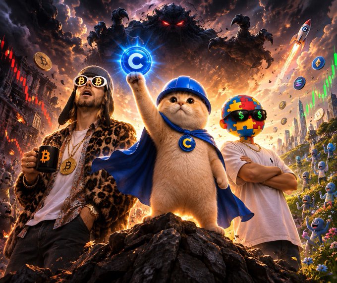 A heroic cat in a cape and hard hat triumphantly holds a glowing "C" token, flanked by a Winklevoss-style Bitcoin figure and a puzzle-headed character, while green candlestick charts and the rocket-like $BASECAT symbolism reinforce the meme's triumphant crypto narrative.
