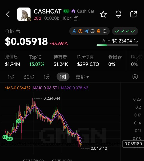 A cryptocurrency trading chart for CASHCAT token (CA 0x020b...18b4) priced at $0.05918, showing a -33.69% drop with a market cap of $1.94M and an all-time high of $0.23404.