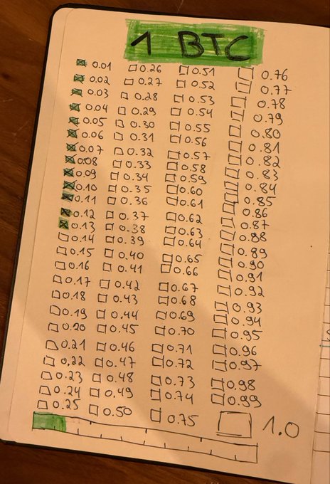The image shows a notebook page with a list of numbers written in green ink, including 0.13, 0.31, 0.43, 0.57, 0.7, 0.8, 0.86, 1.0, 0.99, and 0.95. The numbers are arranged in ascending order from left to right. The post is titled "0.13 →  1 $BTC".