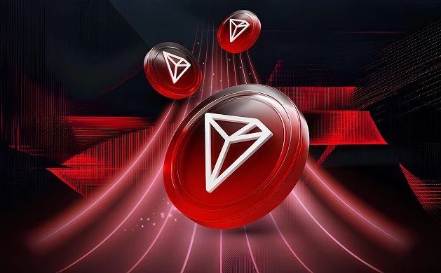 A 3D rendering of three glossy red coins bearing the TRON logo floating against a dark background with red light streaks.