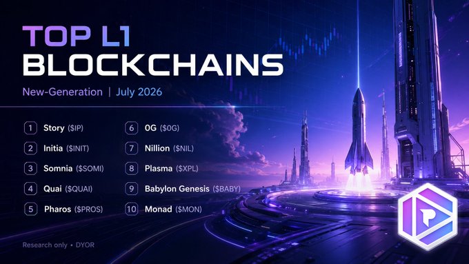 A futuristic graphic titled "TOP L1 BLOCKCHAINS New-Generation | July 2026" listing Story ($IP), Initia ($INIT), Somnia ($SOMI), Quai ($QUAI), Pharos ($PROS), 0G ($OG), Nillion ($NIL), Plasma ($XPL), Babylon Genesis ($BABY), and Monad ($MON) with a sci-fi rocket and cityscape.