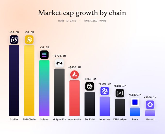 A bar chart titled 'Market cap growth by chain' showing year-to-date tokenized funds growth, with Stellar and BNB Chain leading at +$2.5B each, followed by Solana (+$1.2B), zkSync Era (+$798.6M), Avalanche (+$456.1M), Sei EVM (+$258.9M), Injective (+$206.3M), XRP Ledger (+$185.7M), Base (+$120.7M), and Monad (+$106.1M).