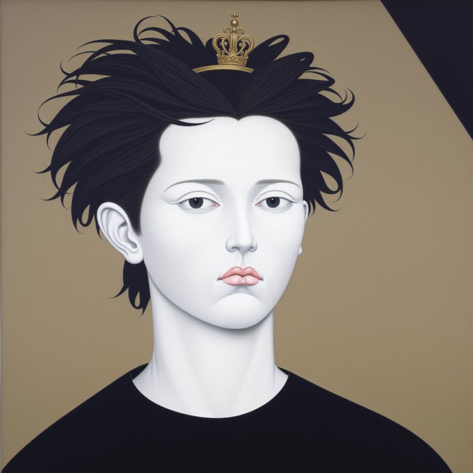 A digital illustration features a pale-skinned portrait with tousled black hair, pink lips, and a small golden crown resting on top, set against a tan and dark background—visually embodying the post's emphasis on unique, expressive PFP NFTs from the @Divergents_eth collection.