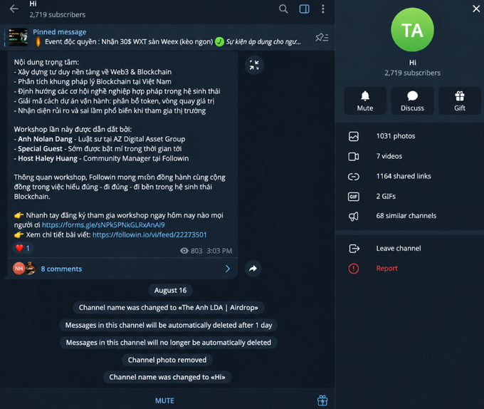 Screenshot of a Telegram channel named "Hi" with 2,719 subscribers, displaying a pinned message in Vietnamese about a Web3 & Blockchain workshop and recent channel activity.