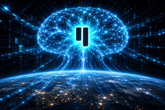 A glowing digital brain rendered in electric blue energy hovers above Earth's nightside, with a luminous pause symbol at its core. The image visually echoes the caption's theme, suggesting that $Qubic represents a moment of pause—a quiet, transformative foundation beneath global attention before the next trillion-dollar narrative unfolds.