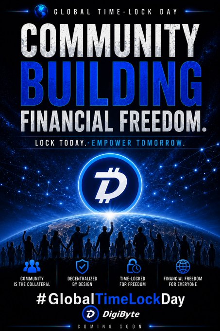 A promotional poster for DigiByte's "#GlobalTimeLockDay" featuring the DigiByte logo, an atom-inspired design, and silhouettes of people raising their hands against a space-themed background, with messaging emphasizing "Community is the Collateral," "Decentralized by Design," "Time-Locked for Freedom," and "Financial Freedom for Everyone."