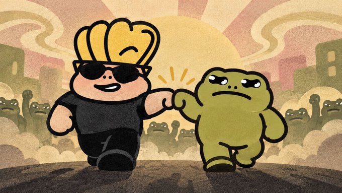 A cartoon character with blonde hair and sunglasses walks arm-in-arm with a grumpy-looking green creature, set against a backdrop of smaller green figures cheering in the dust, visually embodying the "TODD x JB GIVEAWAY" collaboration referenced in the post.