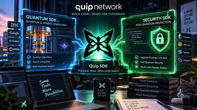 Promotional graphic for 'Quip Network' showcasing two main products: the 'Quantum SDK' (with IBM, Google, D-Wave, IONQ support) for quantum and hybrid computing, and the 'Security SDK' for post-quantum protection, displayed alongside branding text 'Build Today. Ready for Tomorrow' and 'Same Tools. More Possibilities.'