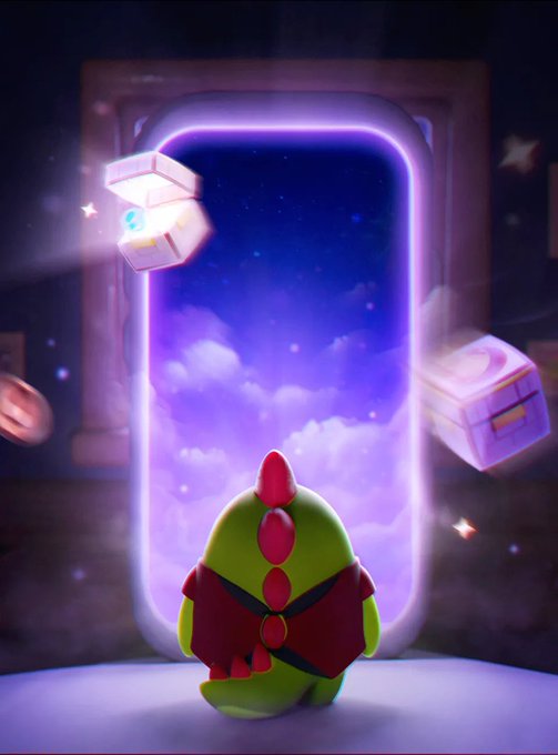 A green dinosaur-like character with a red crest and backpack stands before a glowing purple portal, gazing into a starry sky while treasure chests float around it, capturing the dreamy, reward-filled atmosphere of the Sleepagotchi app.