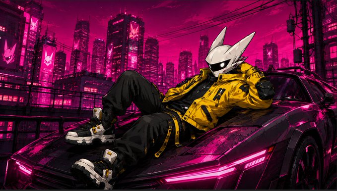 An anime-style illustration of a character with a white rabbit-like head wearing a yellow jacket and sunglasses, reclining on a sports car against a pink cityscape backdrop.