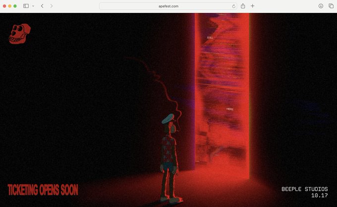 A website screenshot from aofest.com showing dark, glitchy artwork with red lighting, a clown figure, and text reading 'TICKETING OPENS SOON' and 'BEEPLE STUDIOS 10.17'.